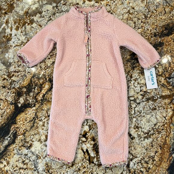 NWT Carter's Baby Girl Pink W/ Floral TrimZip-Up Sherpa Jumpsuit - SIZE 6M - Picture 2 of 10